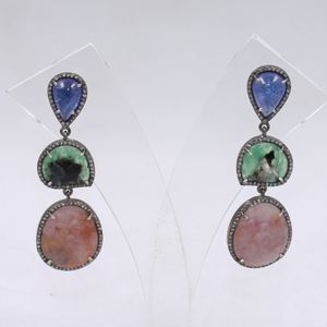 Exquisite handcrafted earrings with Tanzanite, Emerald, Sapphire, and Diamond detailing