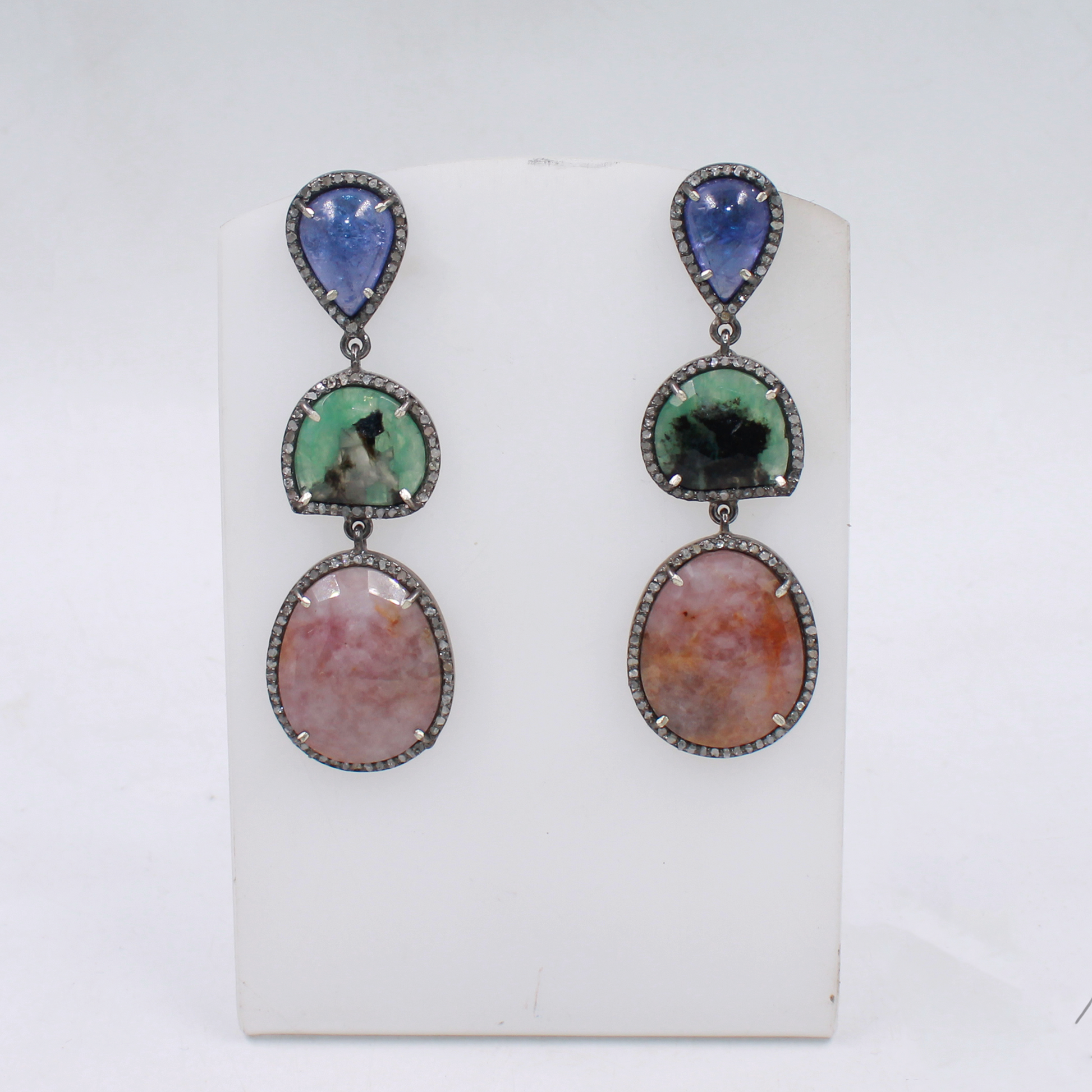 Handcrafted sterling silver dangle earrings with Tanzanite, Emerald, Pink Sapphire & Diamonds