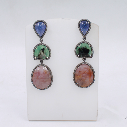 Handcrafted sterling silver dangle earrings with Tanzanite, Emerald, Pink Sapphire & Diamonds