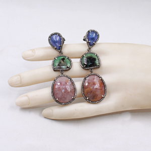 Natural Tanzanite, Emerald & Pink Sapphire Dangle Earrings With Pave Diamond In 925 Sterling Silver, Handmade Finish Earrings