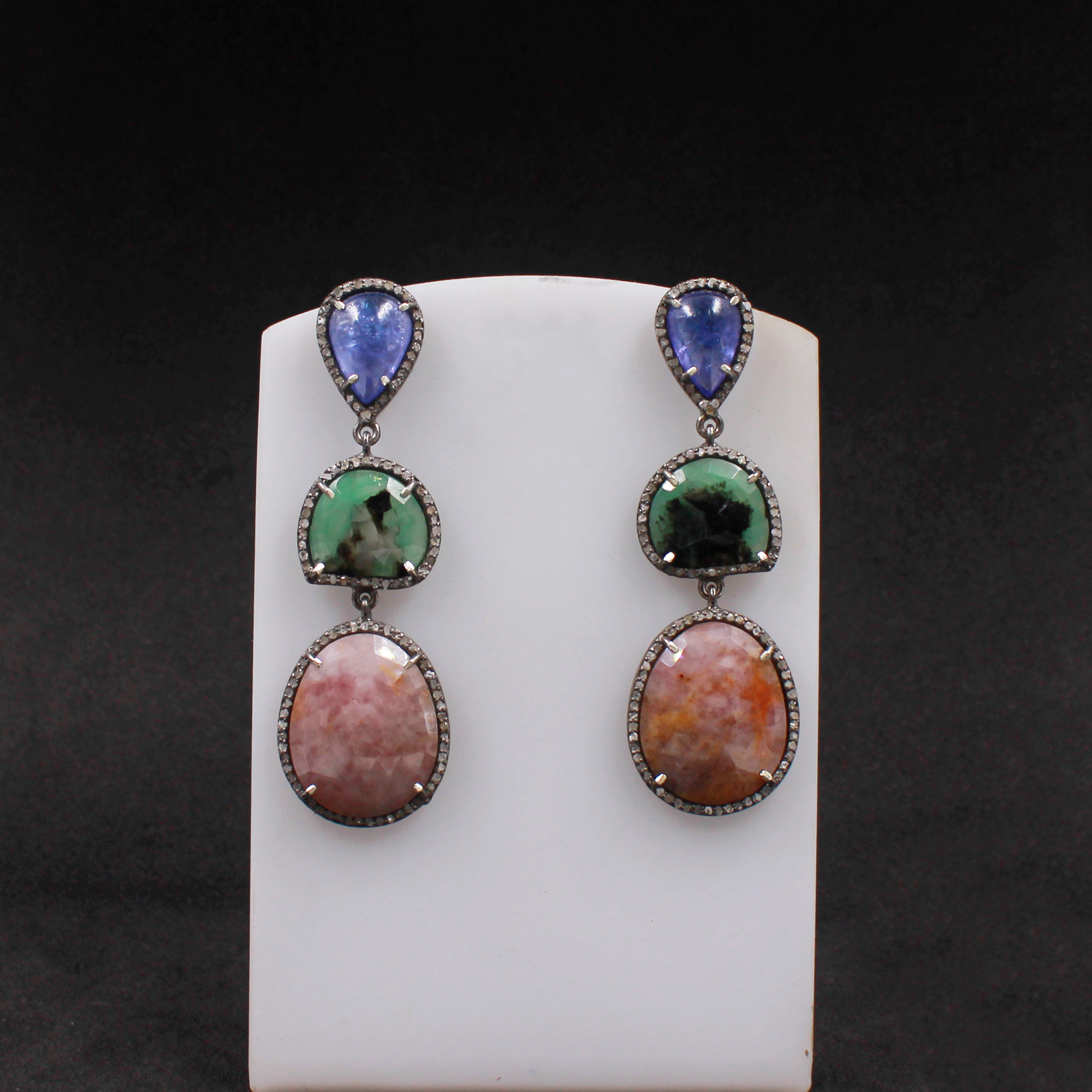Natural Tanzanite, Emerald & Pink Sapphire Dangle Earrings With Pave Diamond In 925 Sterling Silver, Handmade Finish Earrings