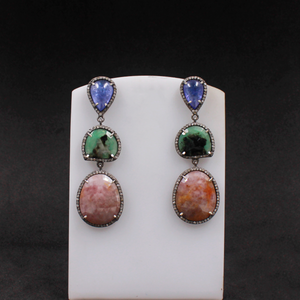 Natural Tanzanite, Emerald & Pink Sapphire Dangle Earrings With Pave Diamond In 925 Sterling Silver, Handmade Finish Earrings
