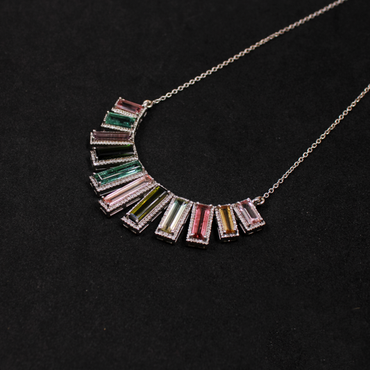 Luxury multi-tourmaline necklace with diamond accents in sterling silver
