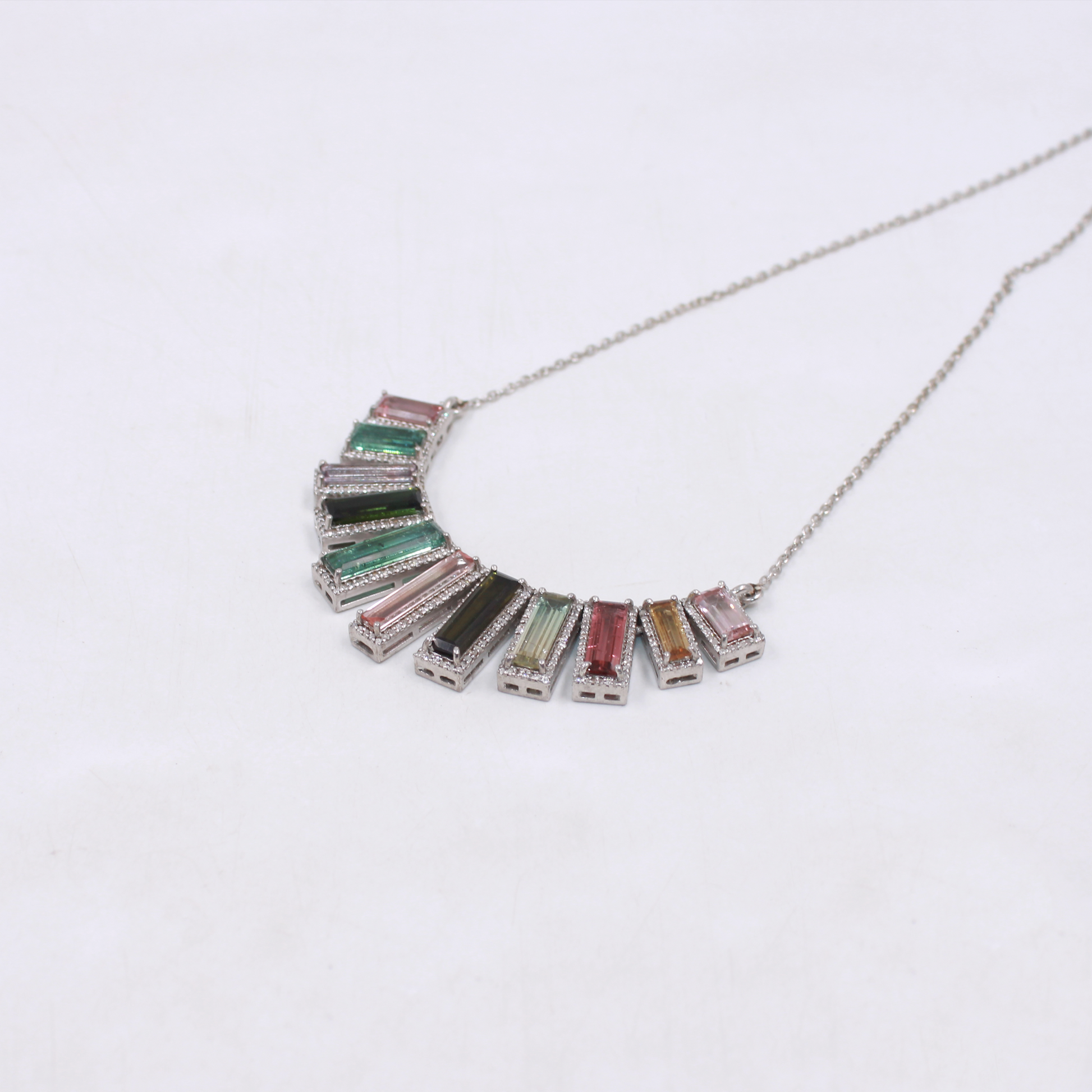 Handmade tourmaline necklace with rainbow gemstones and diamonds