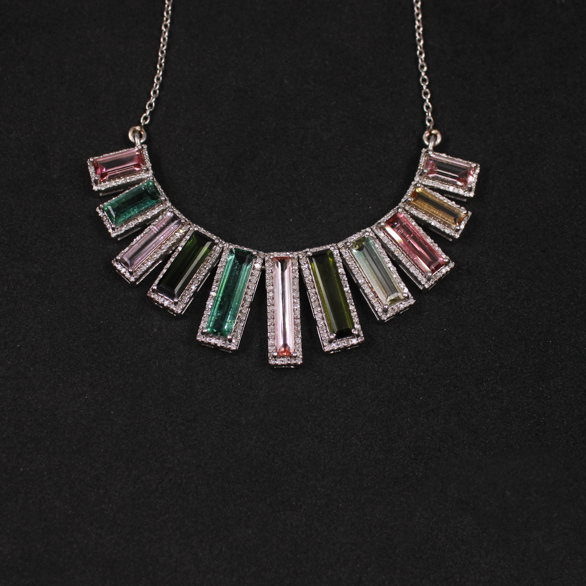 Sterling silver necklace with natural tourmaline gemstones and diamonds
