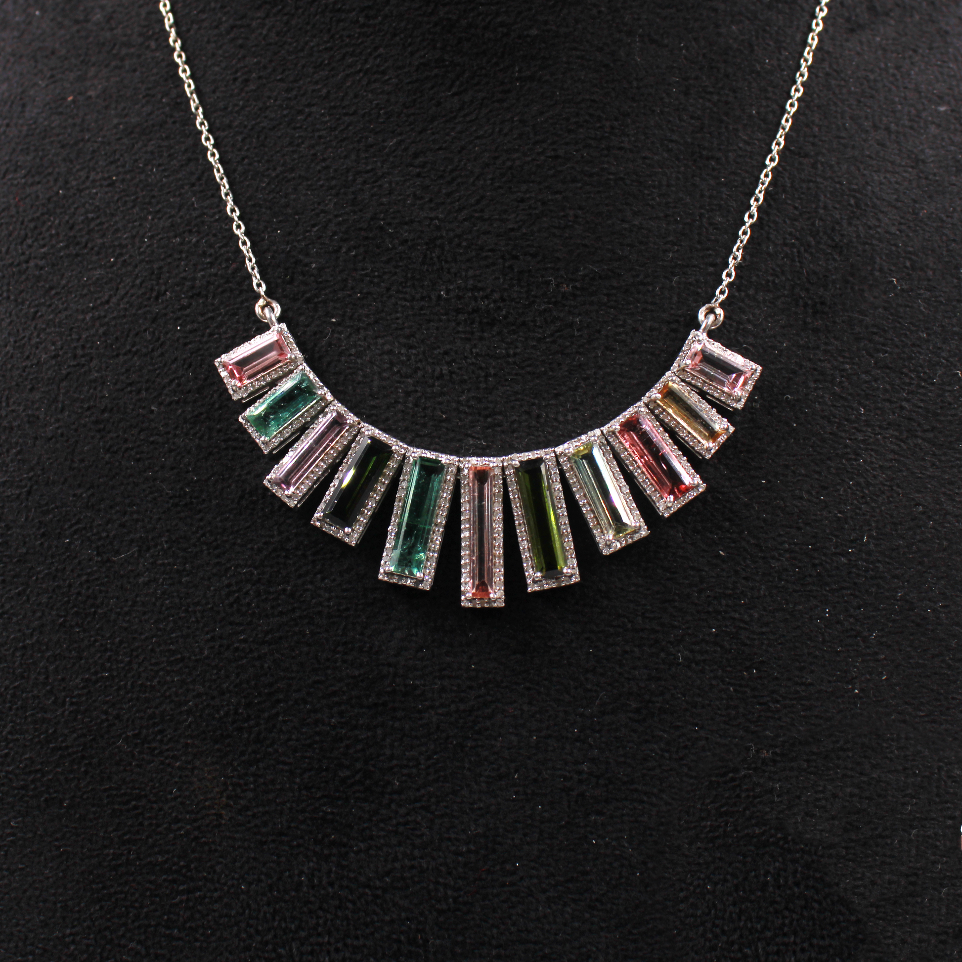 Rainbow gemstone necklace with tourmaline baguettes and diamond sparkle