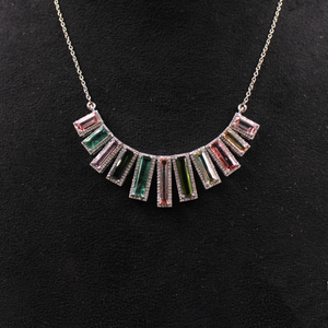 Rainbow gemstone necklace with tourmaline baguettes and diamond sparkle