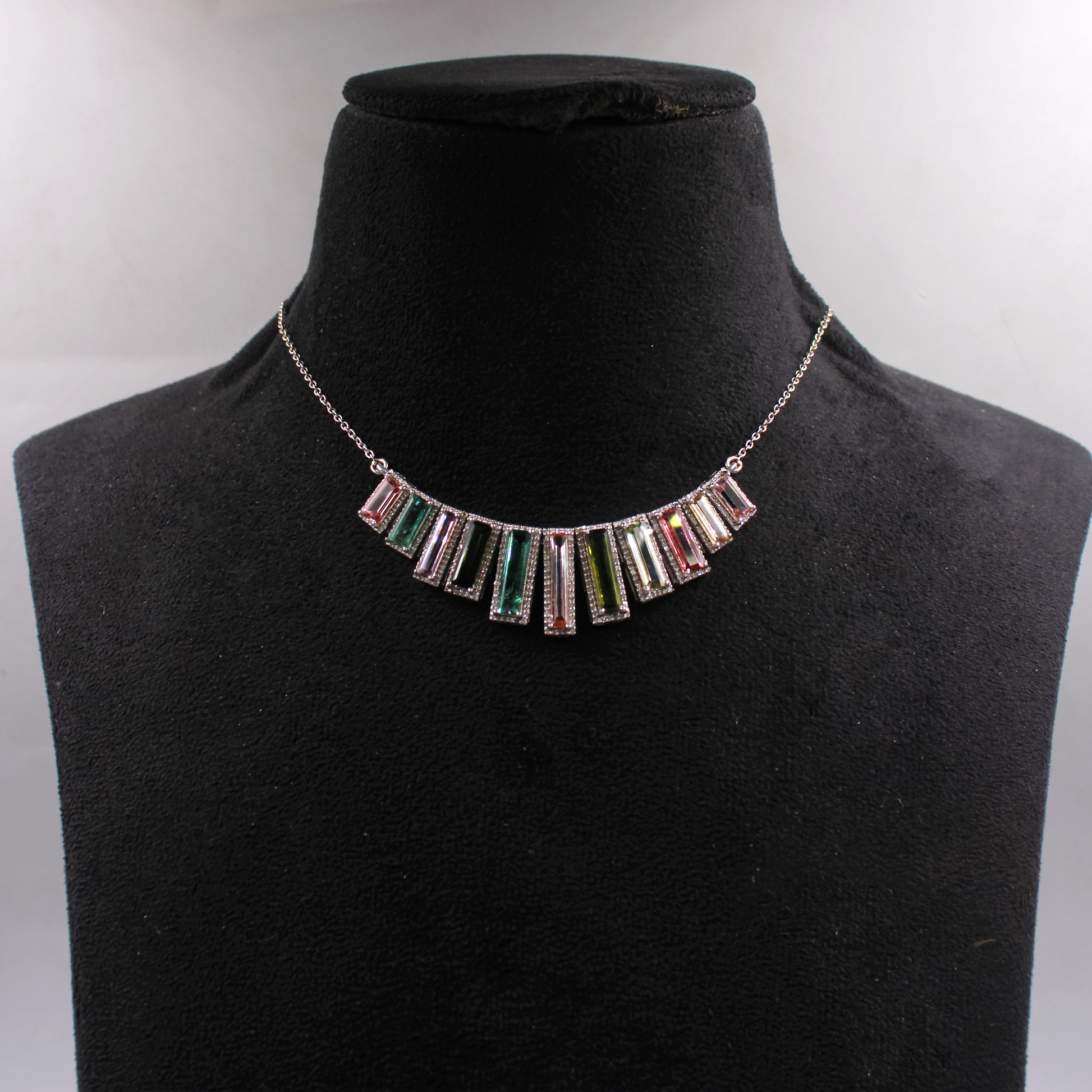 Handcrafted gemstone necklace with diamonds and colorful tourmalines