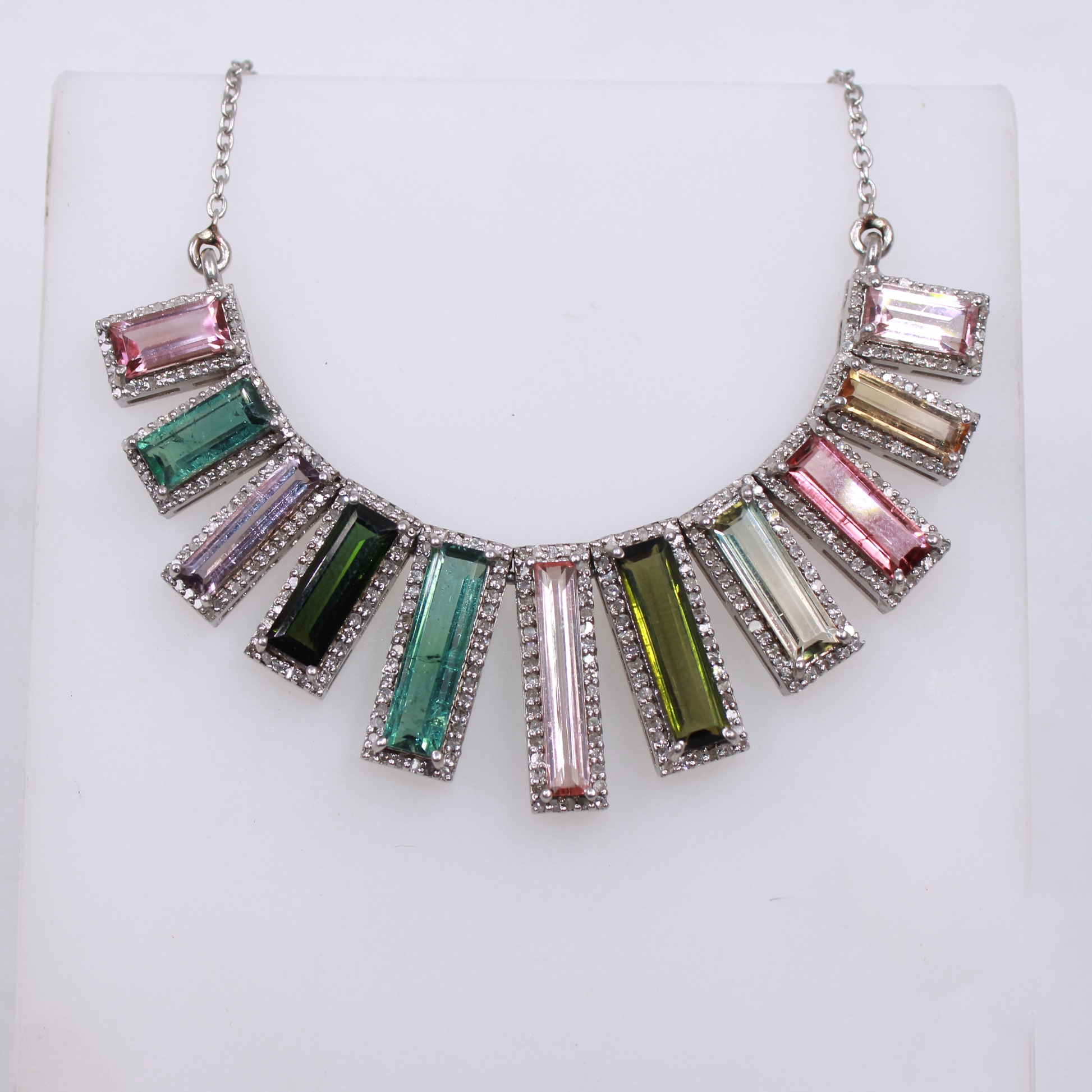 Modern tourmaline and diamond necklace in 925 sterling silver