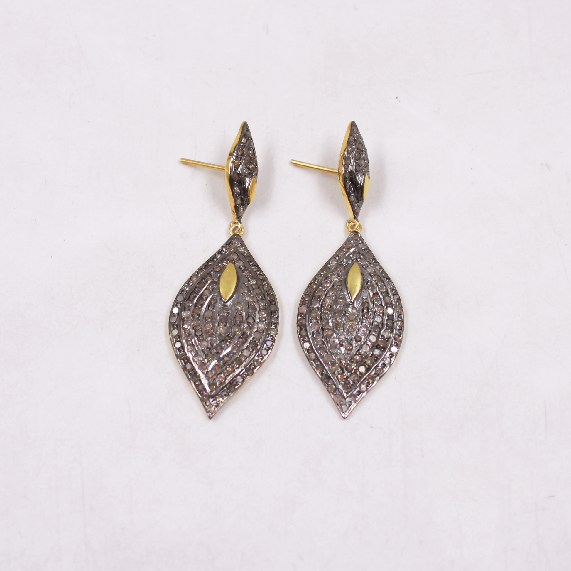Handmade rosecut diamond drop earrings in vintage gold-plated silver
