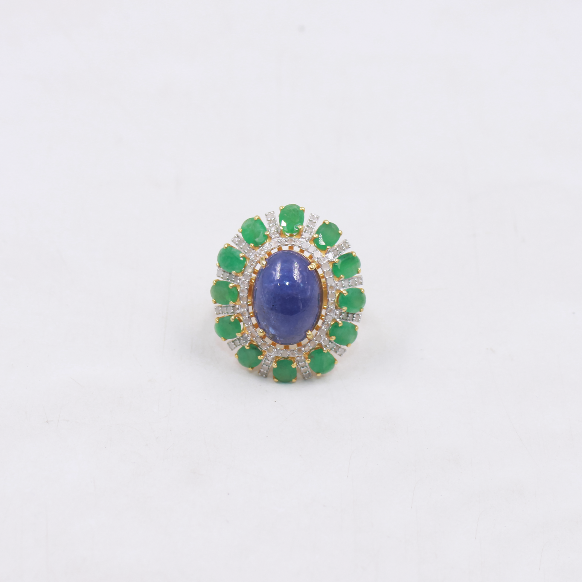 Artisan statement ring with natural kyanite, emerald, and pave diamonds