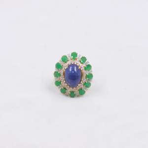 Artisan statement ring with natural kyanite, emerald, and pave diamonds