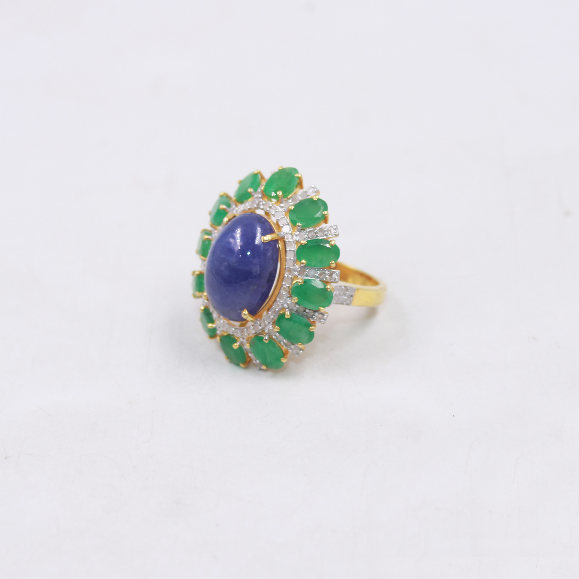 Gold plated sterling silver ring with kyanite, emerald, and diamonds