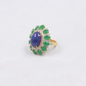 Gold plated sterling silver ring with kyanite, emerald, and diamonds