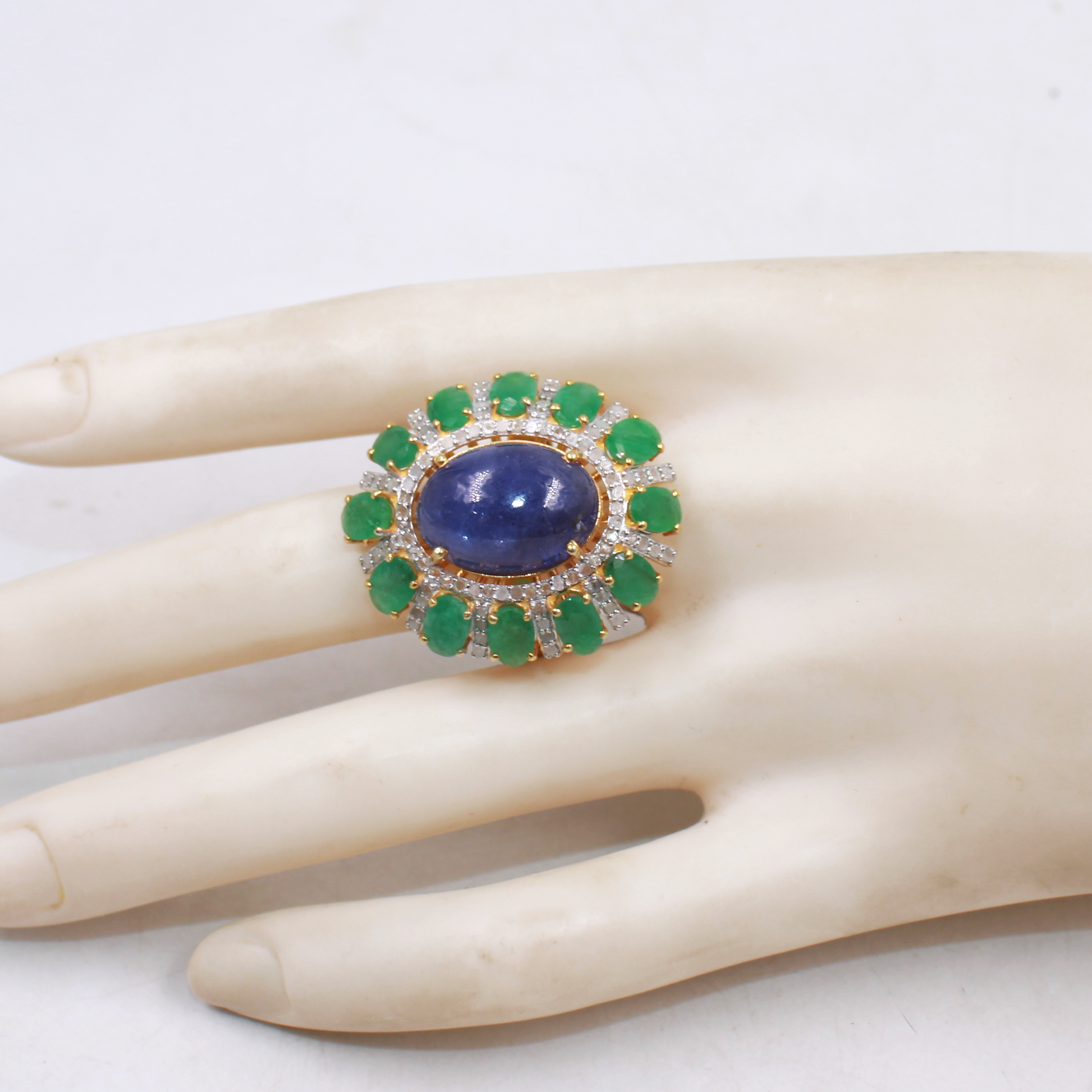 Unique vintage-inspired kyanite and emerald ring for women