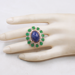 Vintage style emerald and kyanite gemstone ring in 925 sterling silver