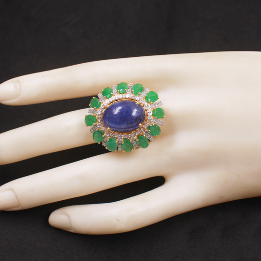Handmade kyanite and emerald ring with pave diamonds in gold plated silver