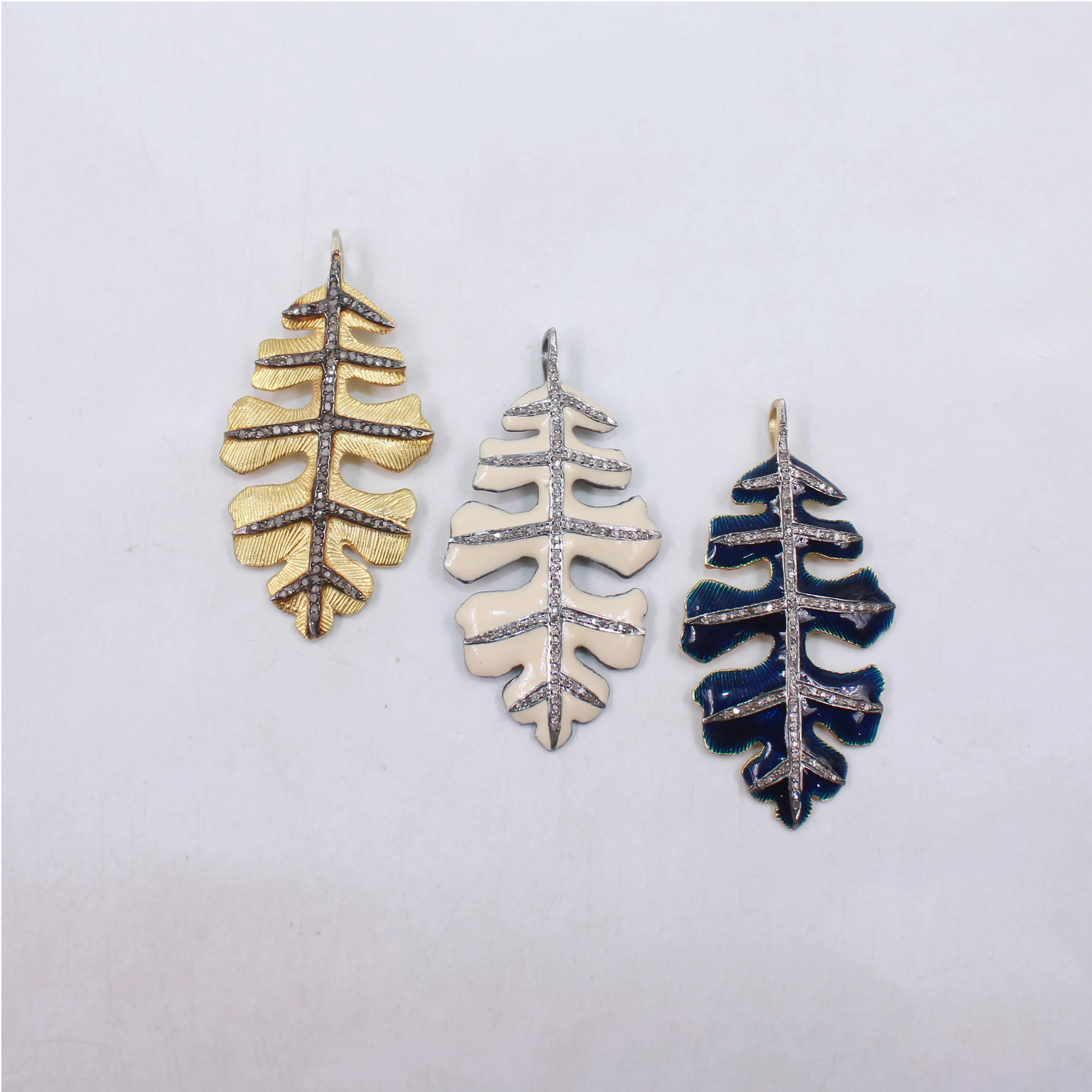 Luxury Enamel Leaf Pendant with Rose Cut Diamonds in Gold Plated 925 Sterling Silver – Handmade Designer Jewelry