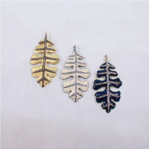 Luxury Enamel Leaf Pendant with Rose Cut Diamonds in Gold Plated 925 Sterling Silver – Handmade Designer Jewelry