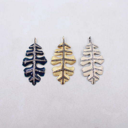 Luxury enamel leaf pendant with rose cut diamonds in gold plated 925 sterling silver