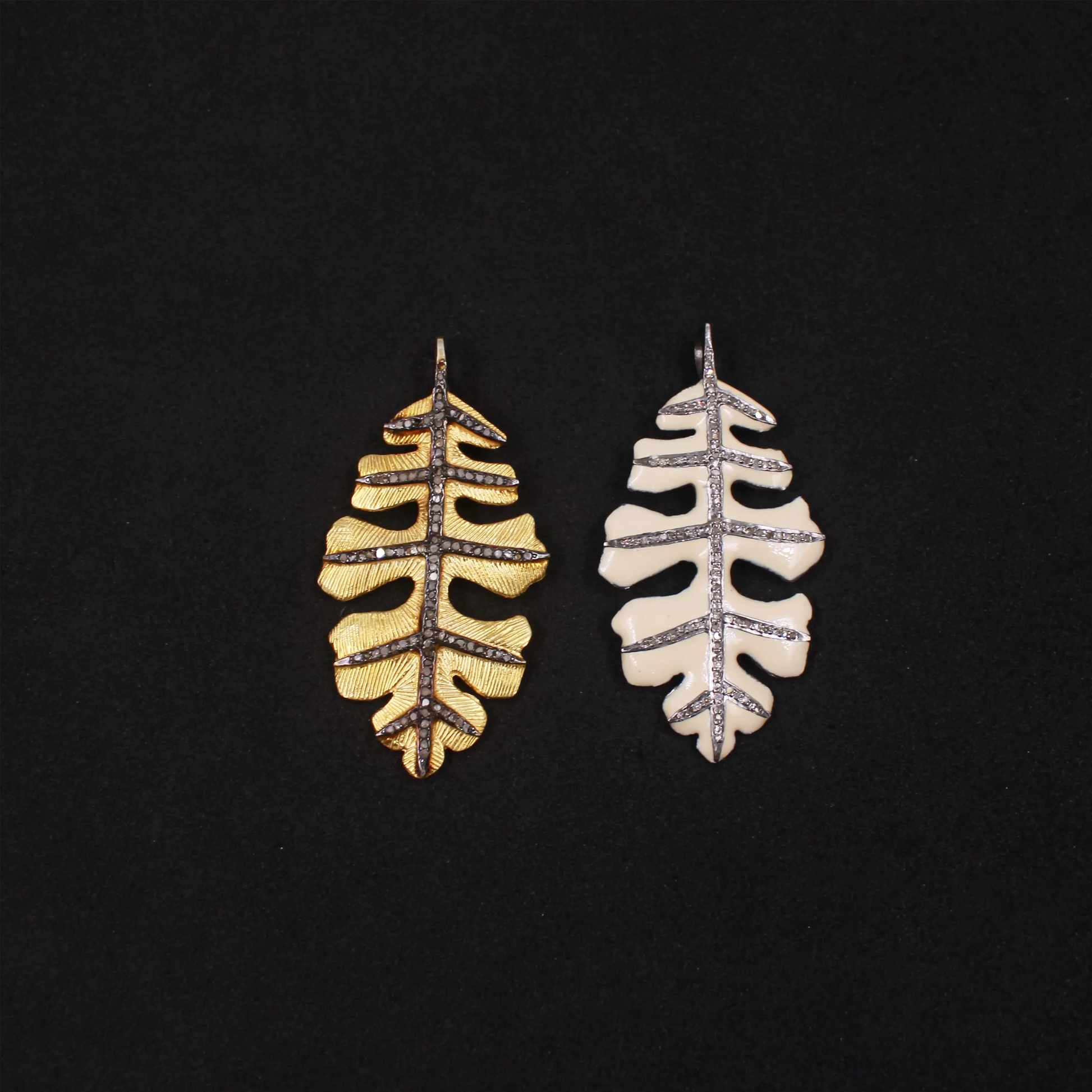 Handmade enamel leaf jewelry pendant with natural rose cut pave diamonds