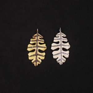 Handmade enamel leaf jewelry pendant with natural rose cut pave diamonds