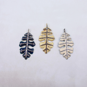 Black enamel leaf pendant with diamonds in sterling silver gold plating