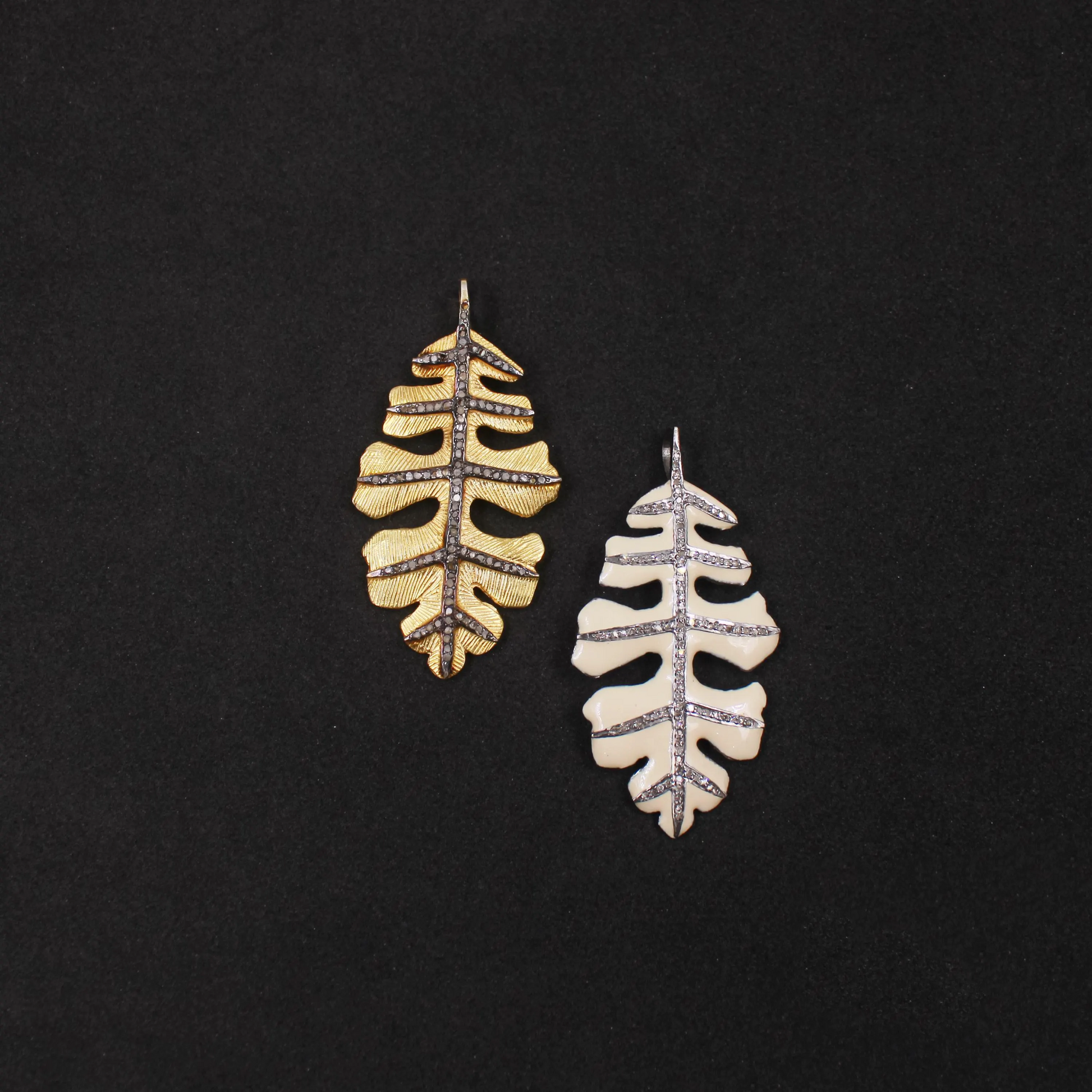 Large enamel leaf jewelry charm with pave set rose cut diamonds