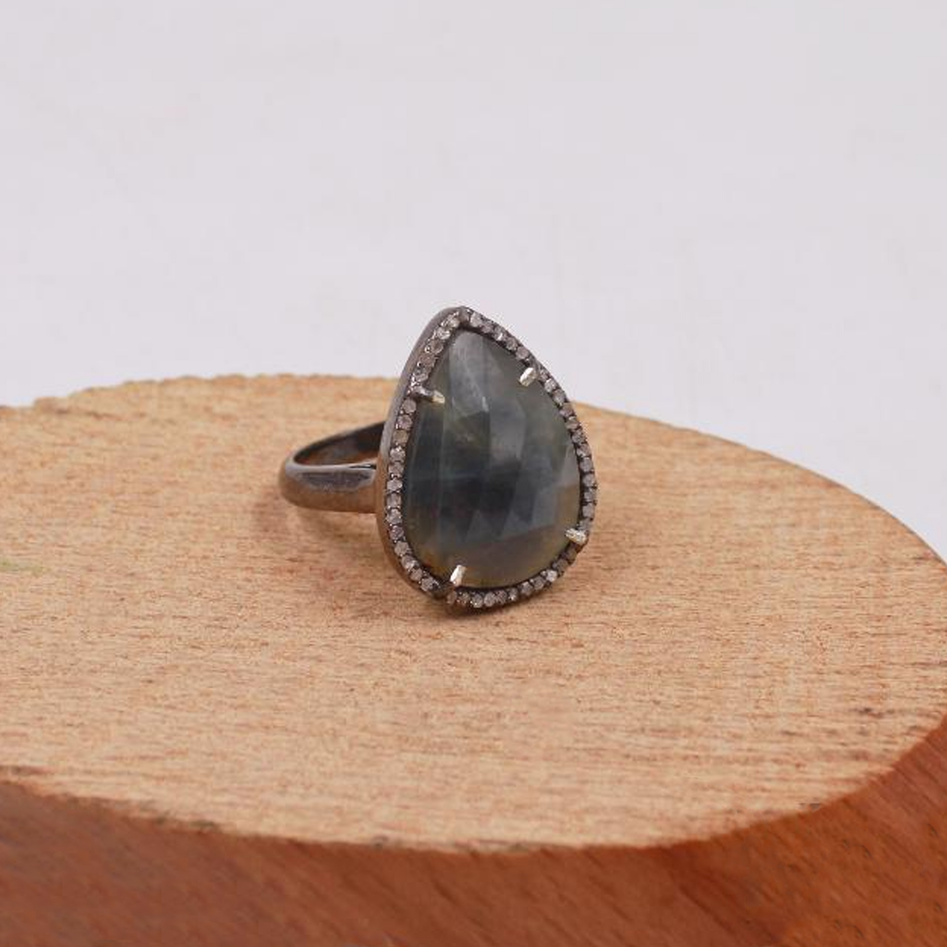 Vintage style rosecut blue sapphire and diamond ring for women