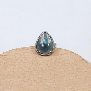 Natural blue sapphire ring with pave diamond accents handmade design