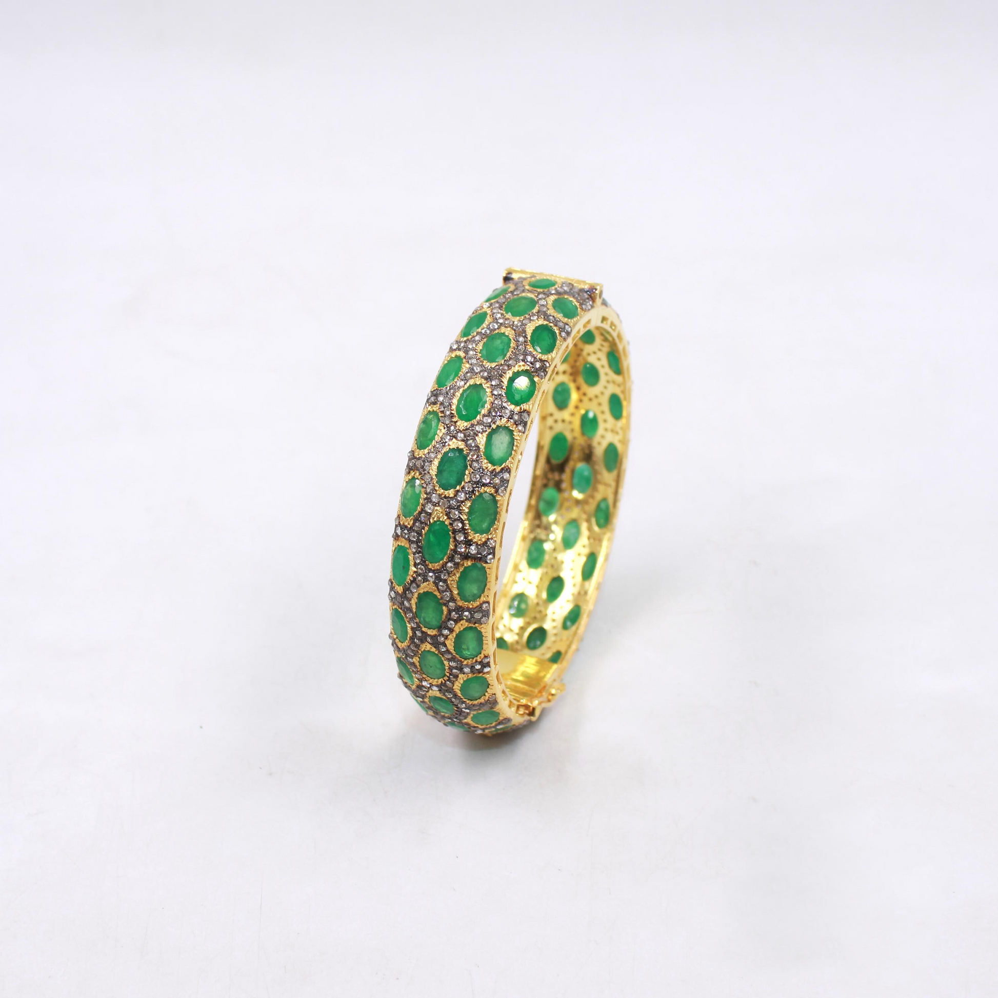 Emerald gemstone bangle handmade in sterling silver with gold plating