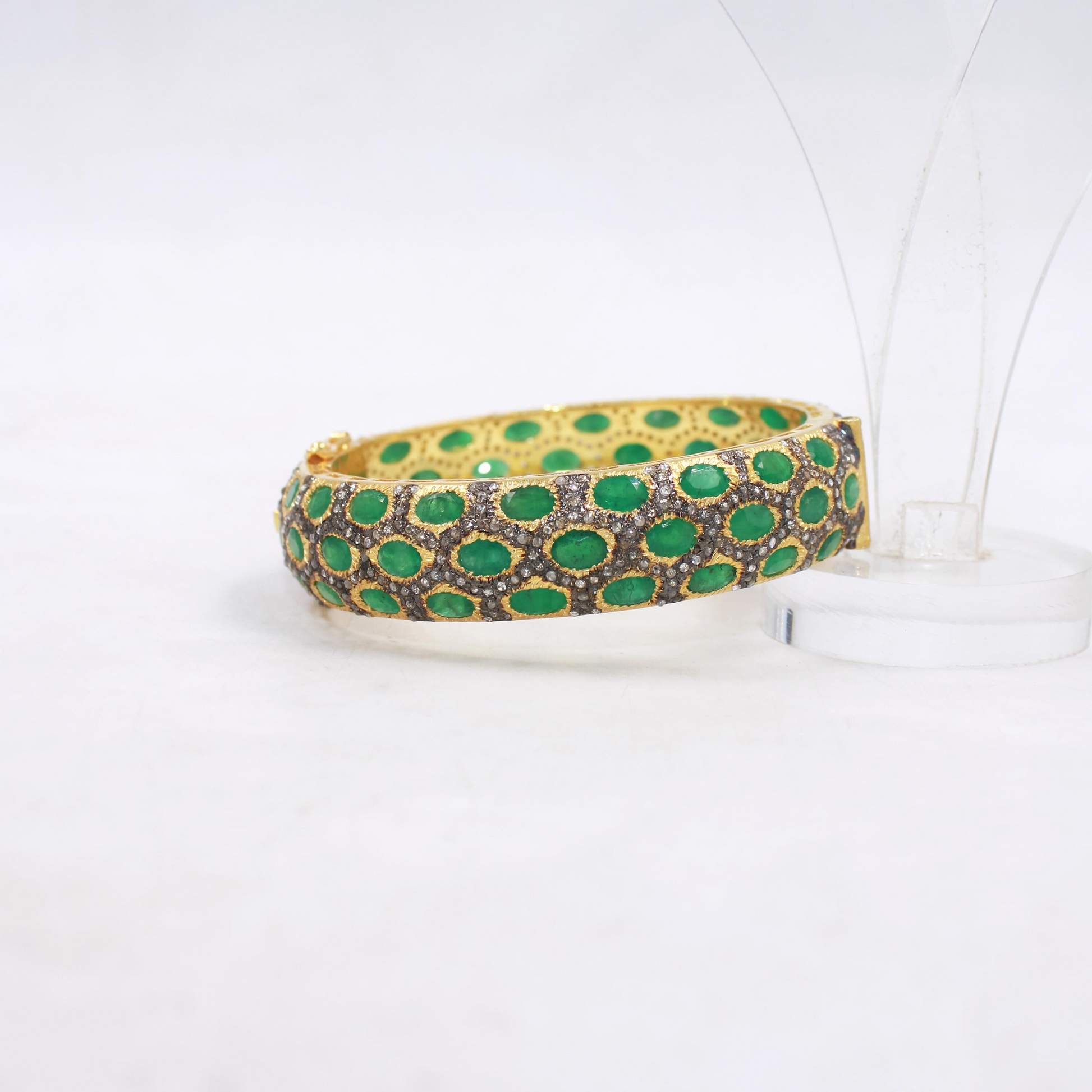 Antique finish emerald and diamond bangle bracelet for her
