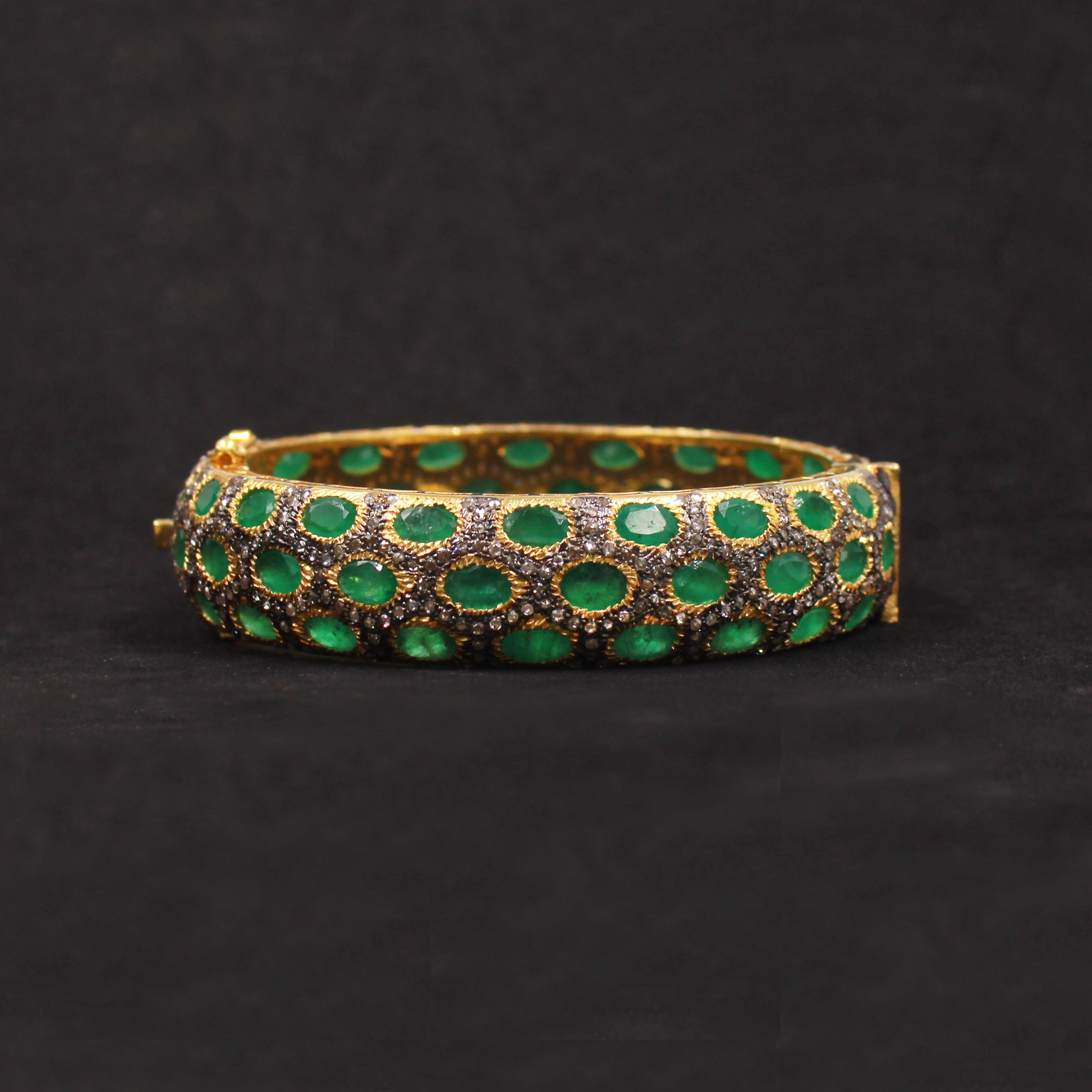 Natural emerald and diamond gold plated silver bangle bracelet