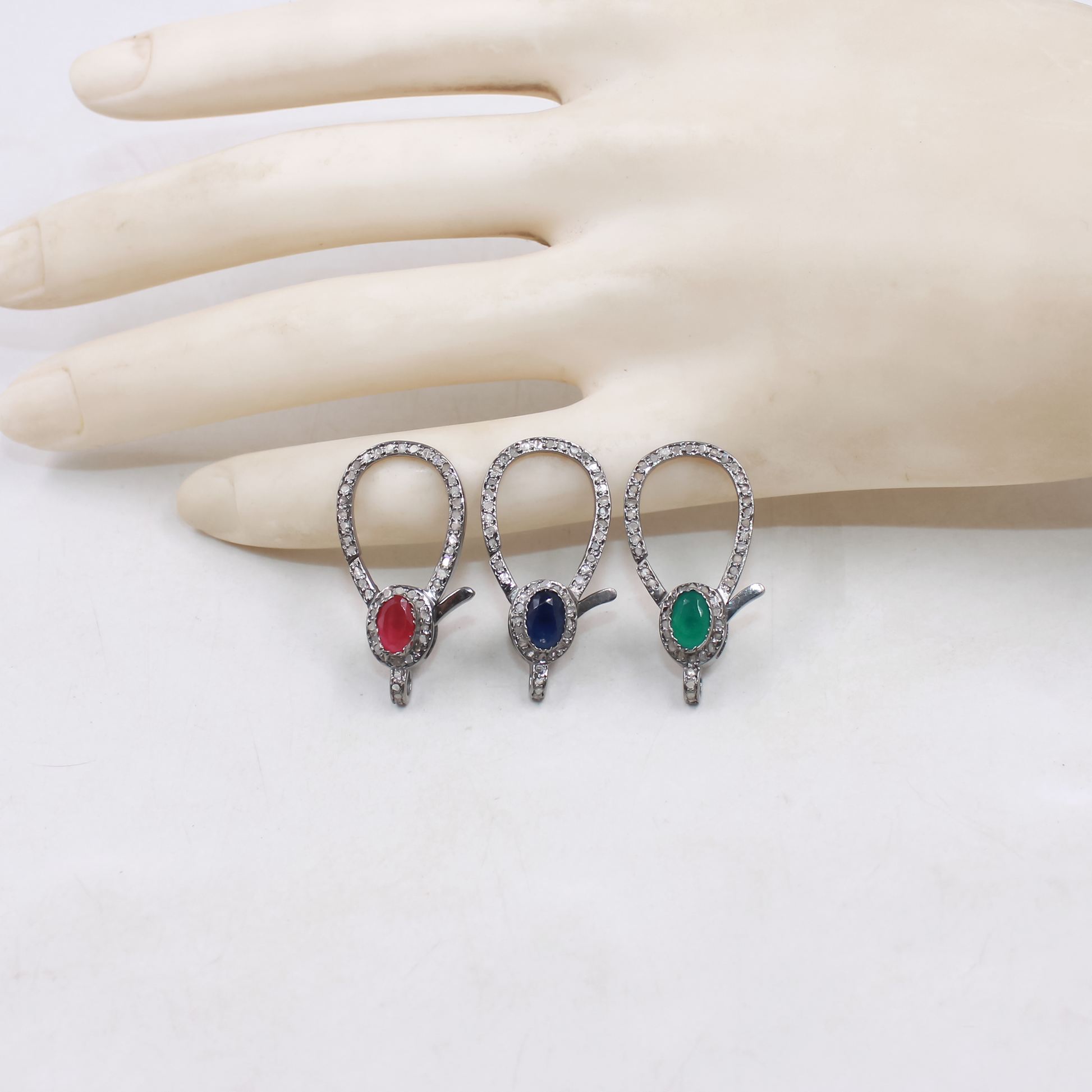 Handmade Natural Rosecut Pave Diamond Lobster Clasps in 925 Sterling Silver | Luxury Jewelry Findings with Emerald, Ruby & Sapphire Accents
