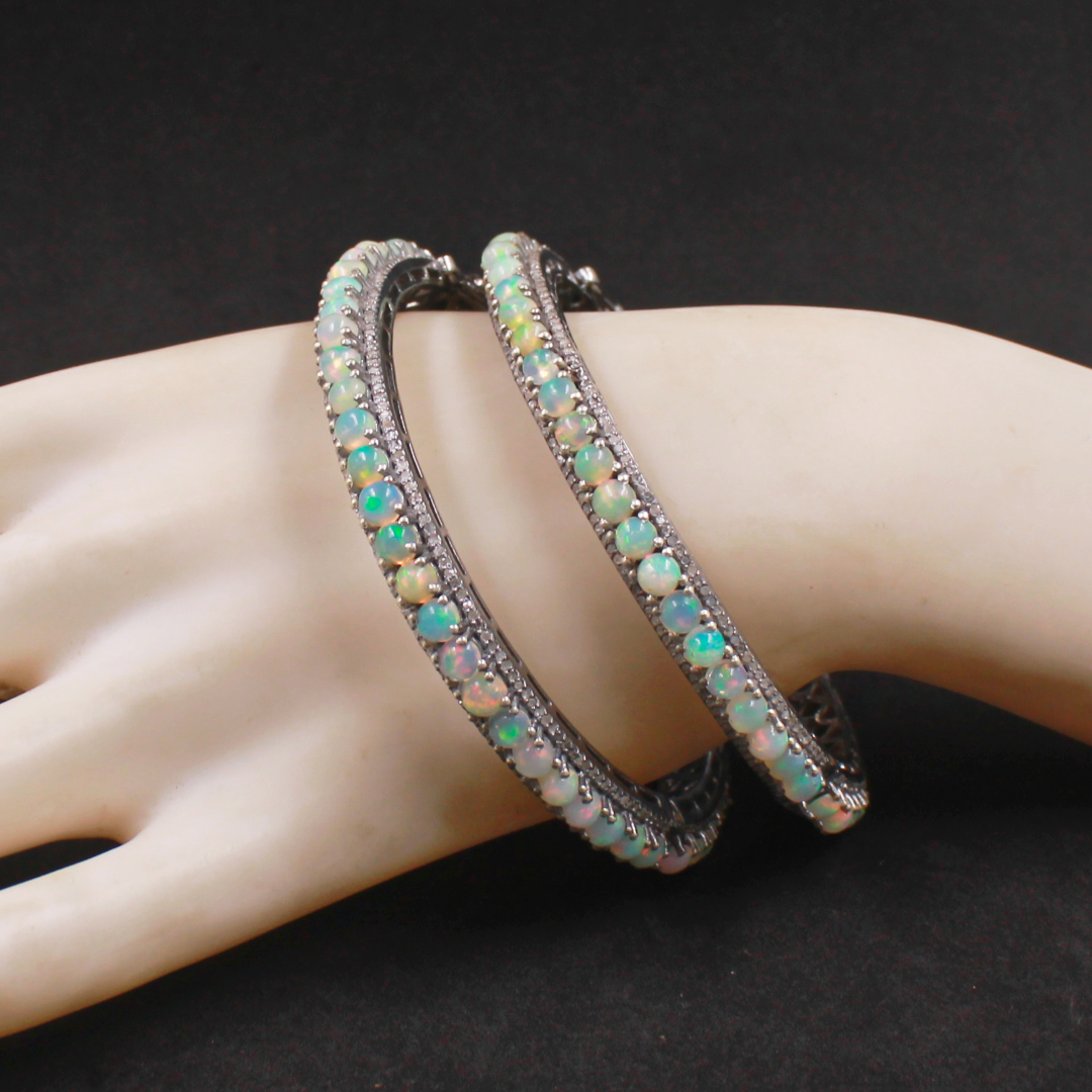 "Adjustable Handmade Ethiopian Opal Bracelet with Sparkling Pave Diamonds"