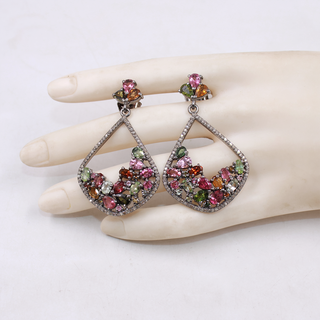 Natural Multi-Tourmaline Earrings With Pave Diamonds – Handmade 925 Sterling Silver | Handmade Jewelry For Weddings And Special Occasions