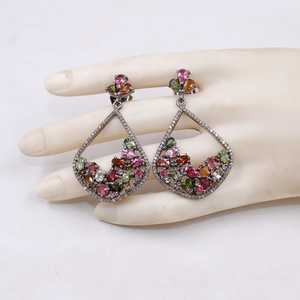 Natural Multi-Tourmaline Earrings With Pave Diamonds – Handmade 925 Sterling Silver | Handmade Jewelry For Weddings And Special Occasions
