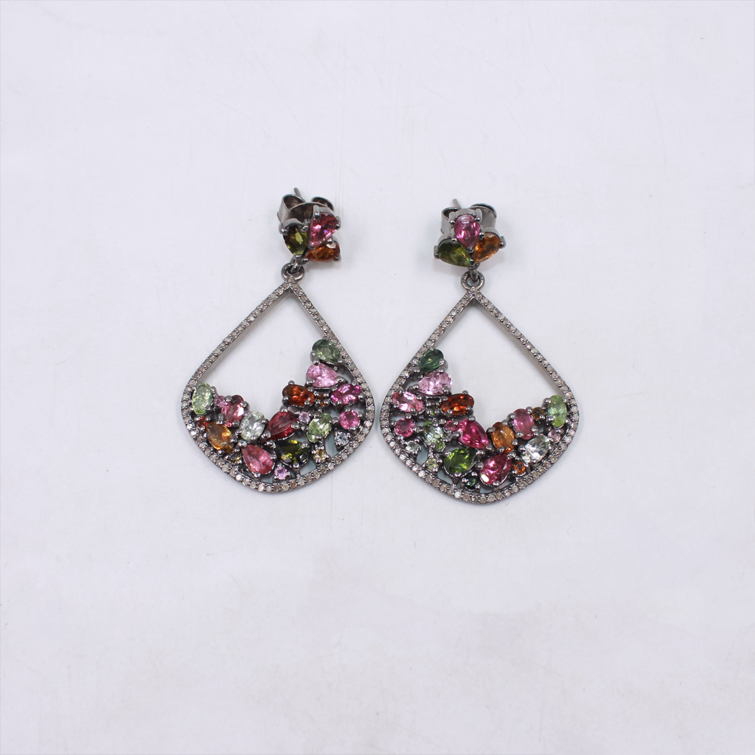 Natural Multi-Tourmaline Earrings With Pave Diamonds – Handmade 925 Sterling Silver | Handmade Jewelry For Weddings And Special Occasions