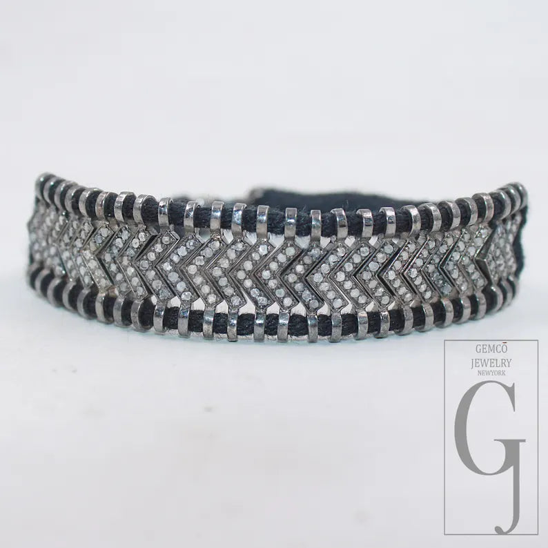 Natural Rosecut Diamond Bracelet - 925 Sterling Silver Handmade Black Thread Boho Minimalist Jewelry