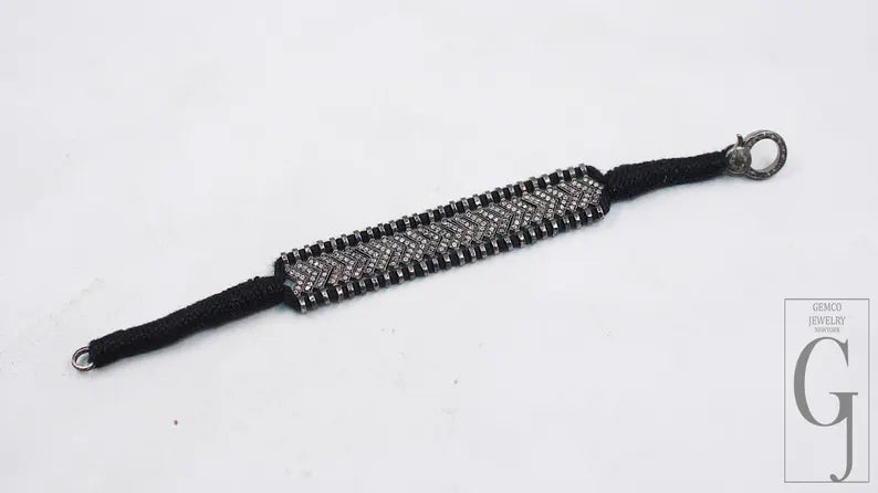 Natural Rosecut Diamond Bracelet - 925 Sterling Silver Handmade Black Thread Boho Minimalist Jewelry