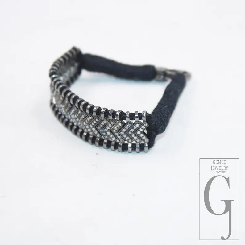 Natural Rosecut Diamond Bracelet - 925 Sterling Silver Handmade Black Thread Boho Minimalist Jewelry