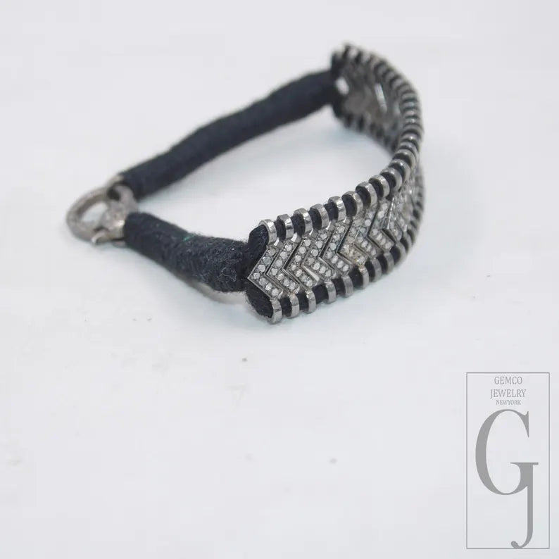 Natural Rosecut Diamond Bracelet - 925 Sterling Silver Handmade Black Thread Boho Minimalist Jewelry