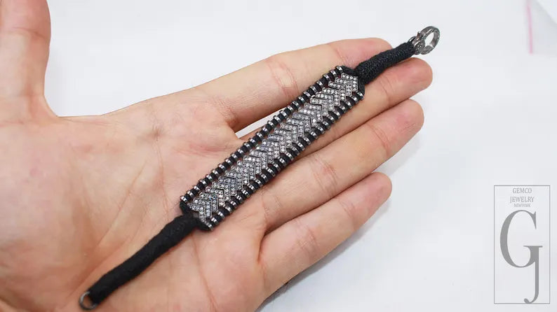 Natural Rosecut Diamond Bracelet - 925 Sterling Silver Handmade Black Thread Boho Minimalist Jewelry