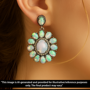 Natural Ethiopian Opal Earrings With Pave Diamonds – 925 Sterling Silver Vintage Drop Jewelry