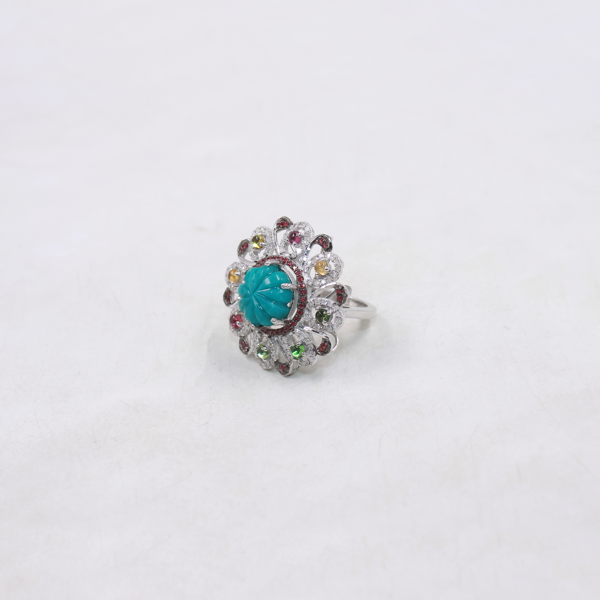 Artisan sterling silver ring with turquoise, ruby and pave diamonds