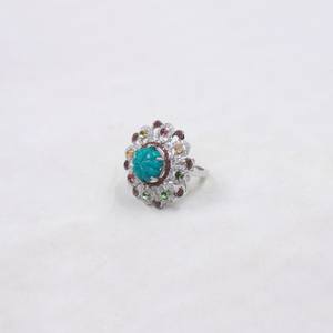 Artisan sterling silver ring with turquoise, ruby and pave diamonds