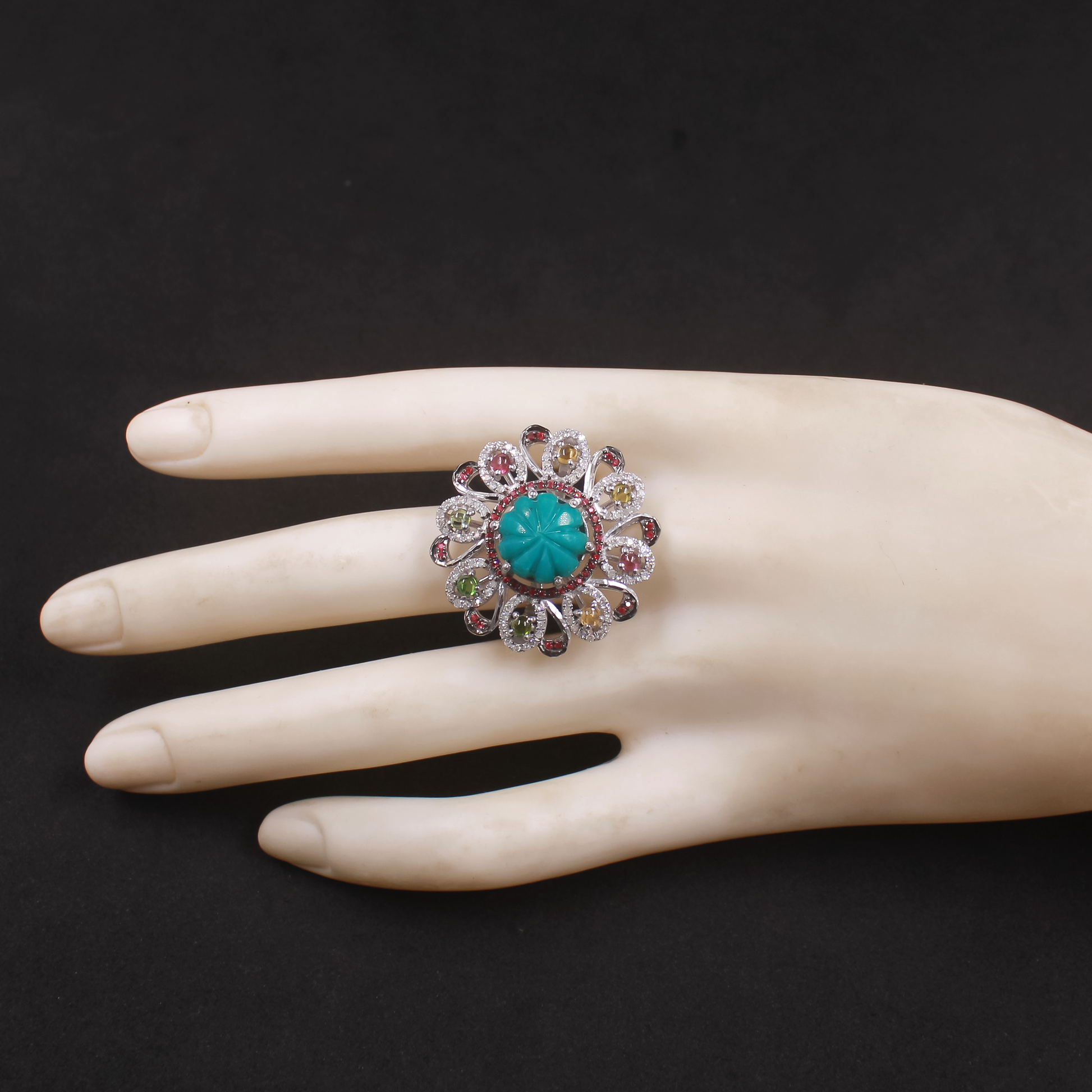 Artisan sterling silver ring with turquoise, ruby and pave diamonds