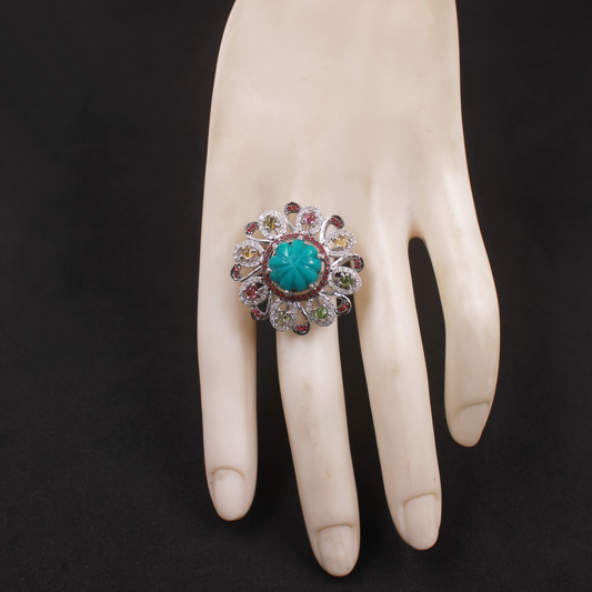 Sterling silver ring with turquoise, ruby and tourmaline gemstones