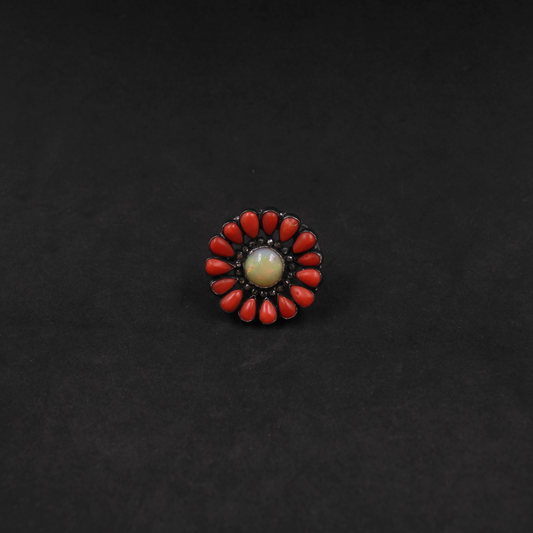 Natural Ethiopian Opal and Red Coral Ring with Diamonds in 925 Silver
