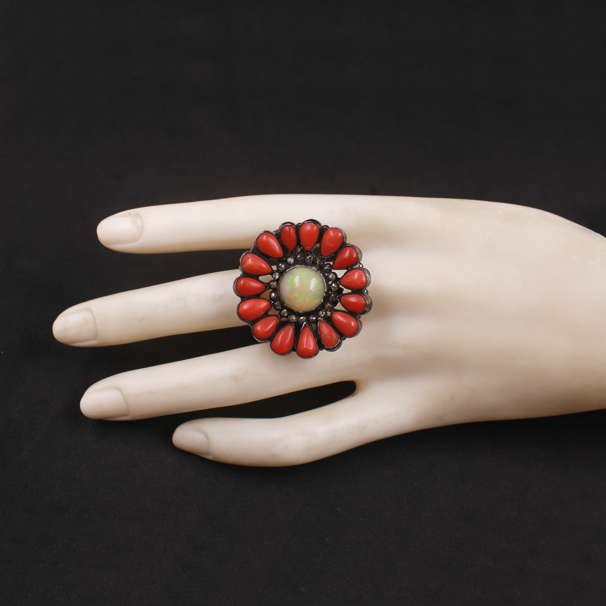 Artistic floral-inspired ring with Ethiopian Opal, Coral, and Diamonds